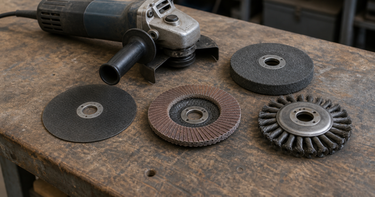 Angle grinder with cutting, grinding, flap, and wire wheel discs laid out on a workbench