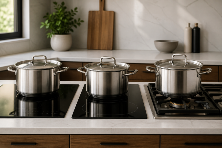 Stainless steel cookware shown on induction, ceramic glass, and gas cooktops