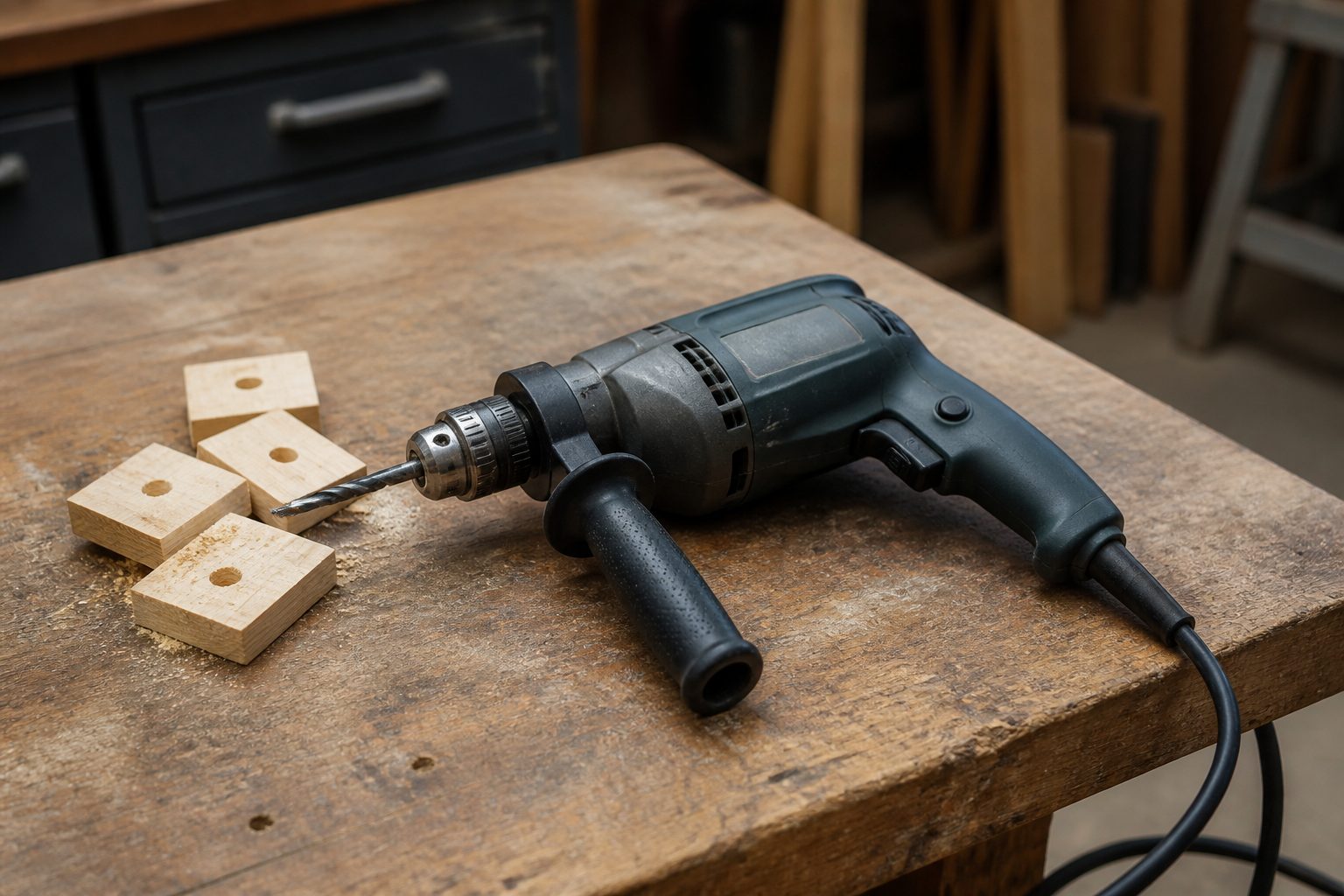 A corded electric drill resting on a workshop bench next to drilled wood offcuts