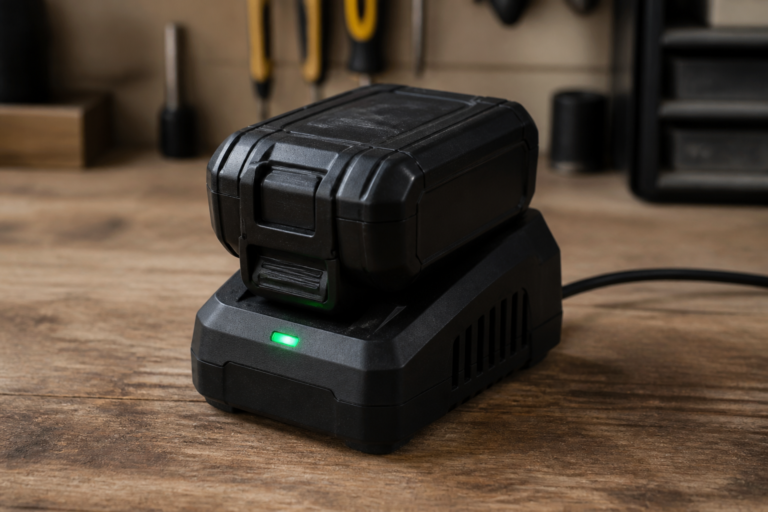 Cordless drill battery pack resting on its charger in a workshop