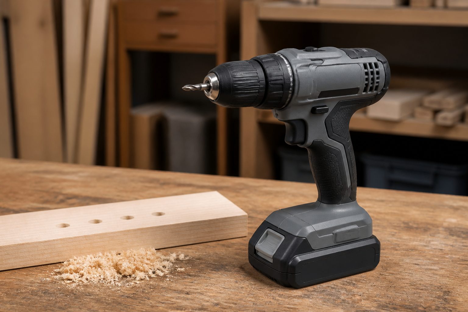 A cordless power drill with a removable battery pack resting on a workbench next to a drilled scrap board