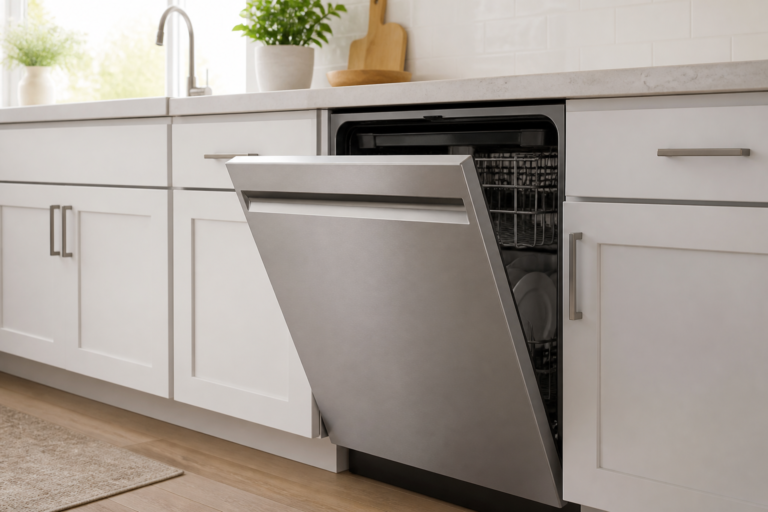 Built-in dishwasher with door partially open in a modern kitchen