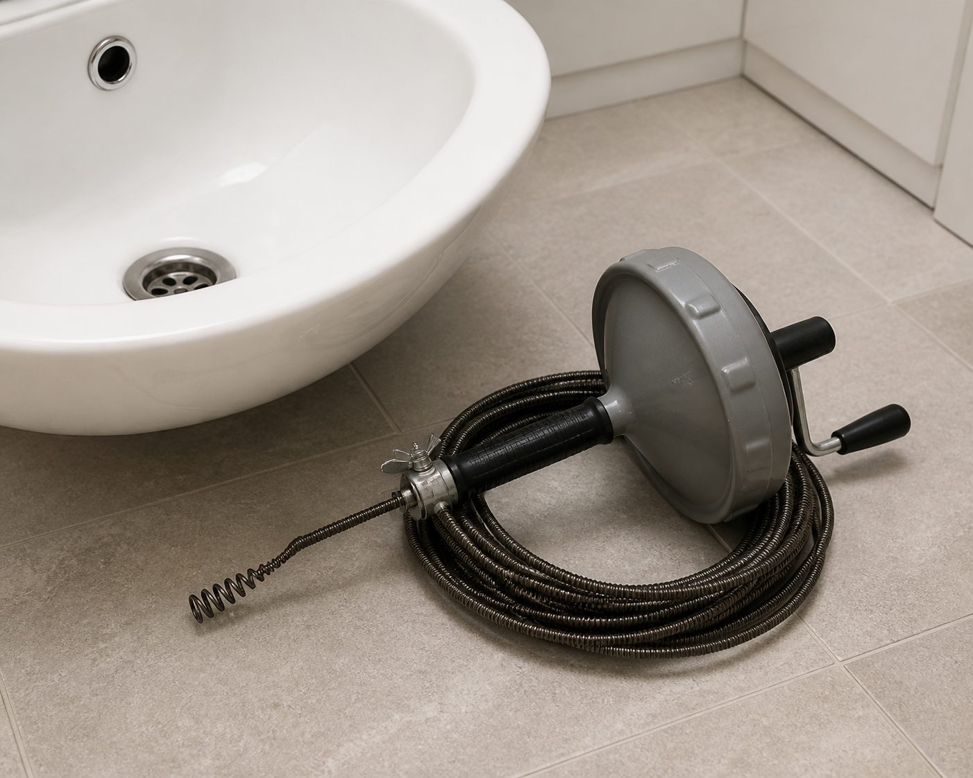 A coiled drain-cleaning snake with a hand-crank drum resting on a bathroom floor next to a sink drain