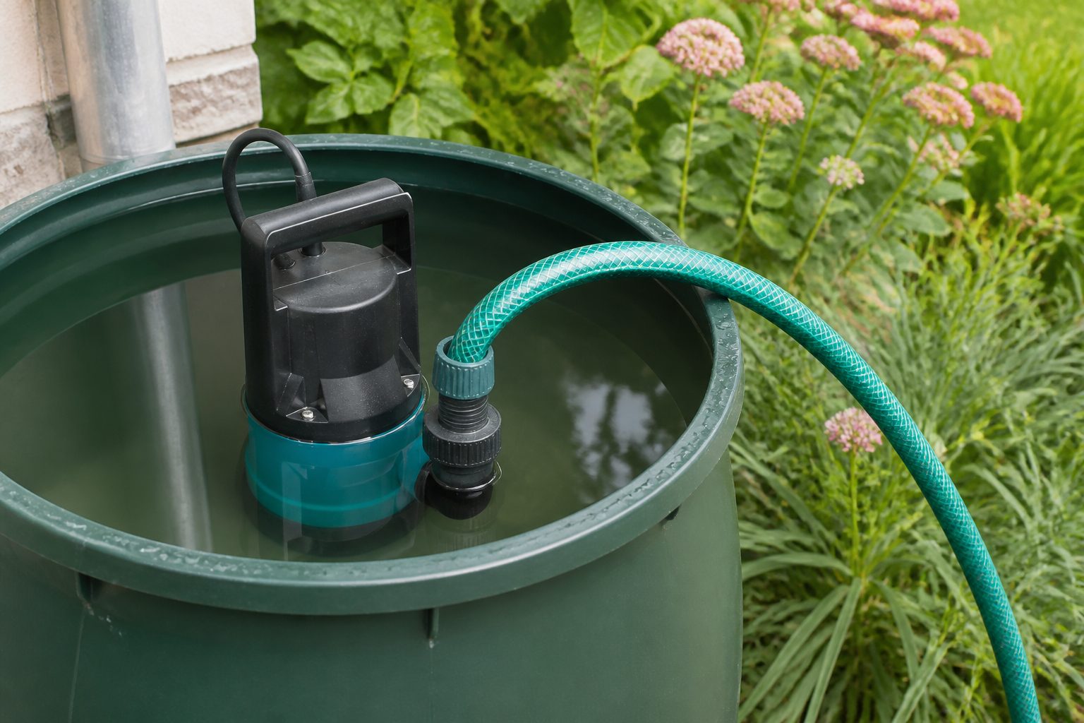Submersible garden water pump partially submerged in a rain barrel