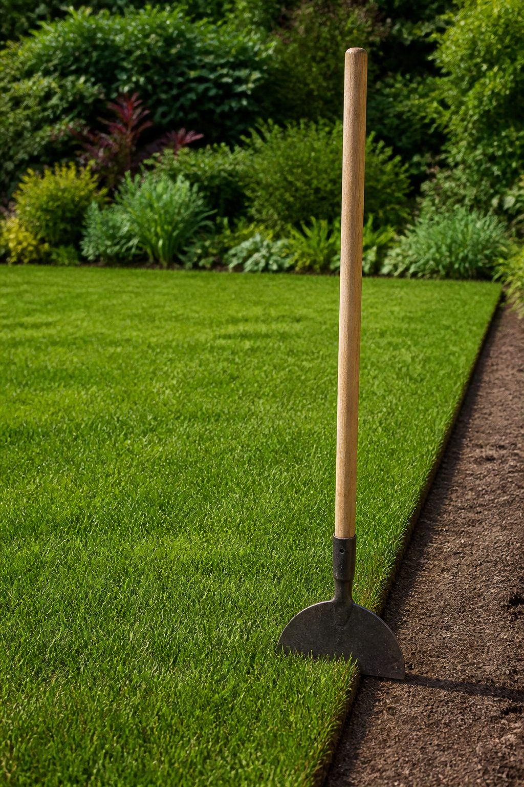 A manual lawn edger with a half-moon blade standing in grass next to a crisp lawn border