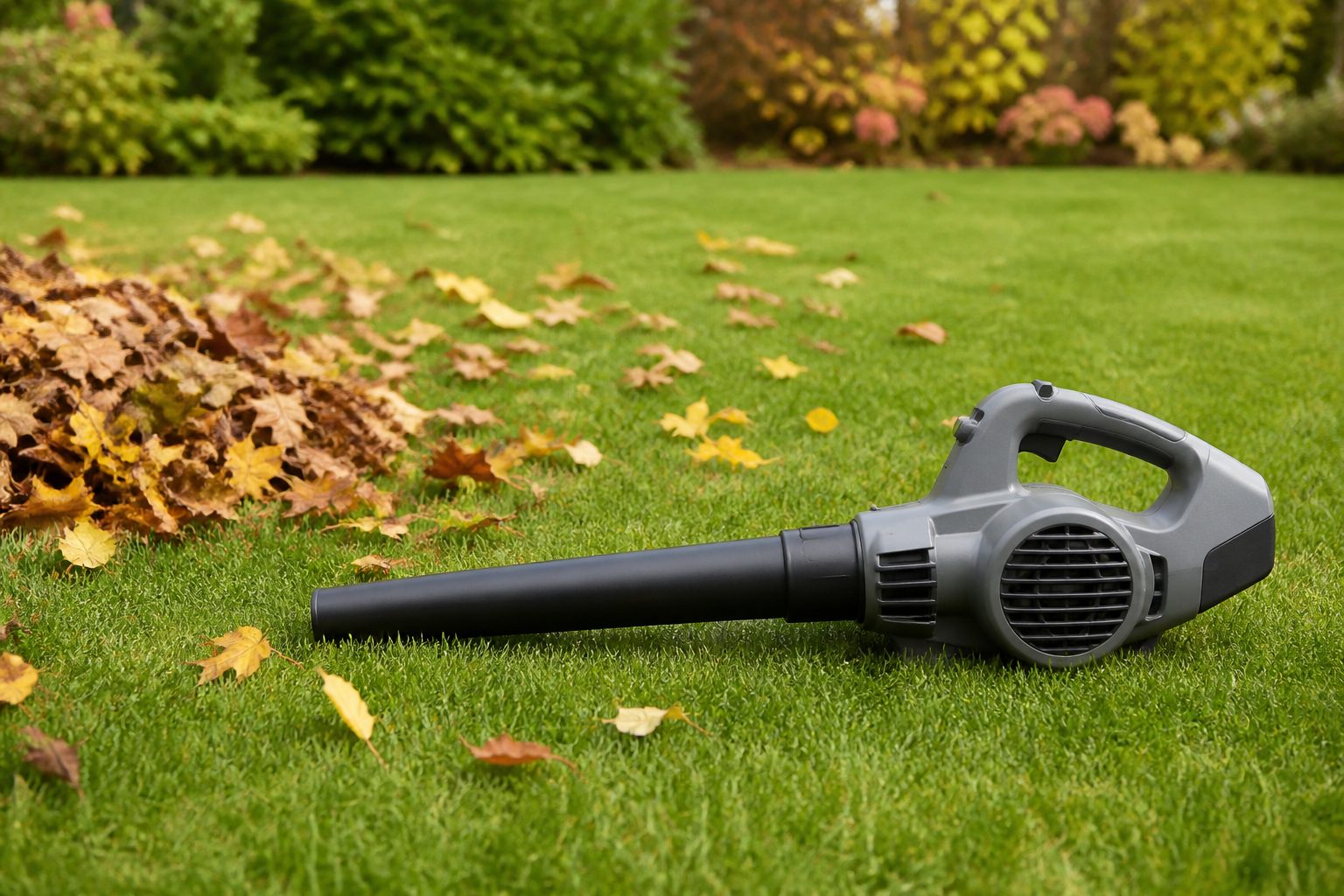 A handheld leaf blower resting on a lawn next to a pile of scattered autumn leaves