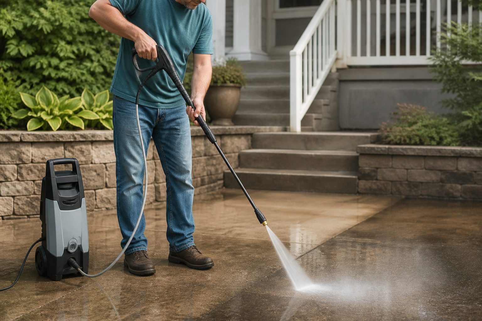 Electric pressure washer cleaning a patio surface outdoors
