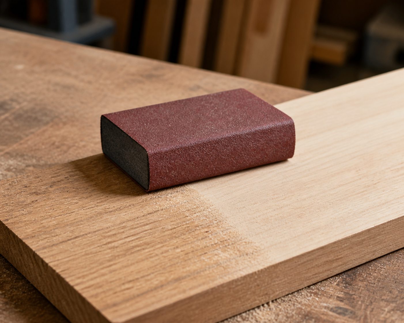 A sanding block wrapped in sandpaper resting on a wooden board with a rough-to-smooth transition