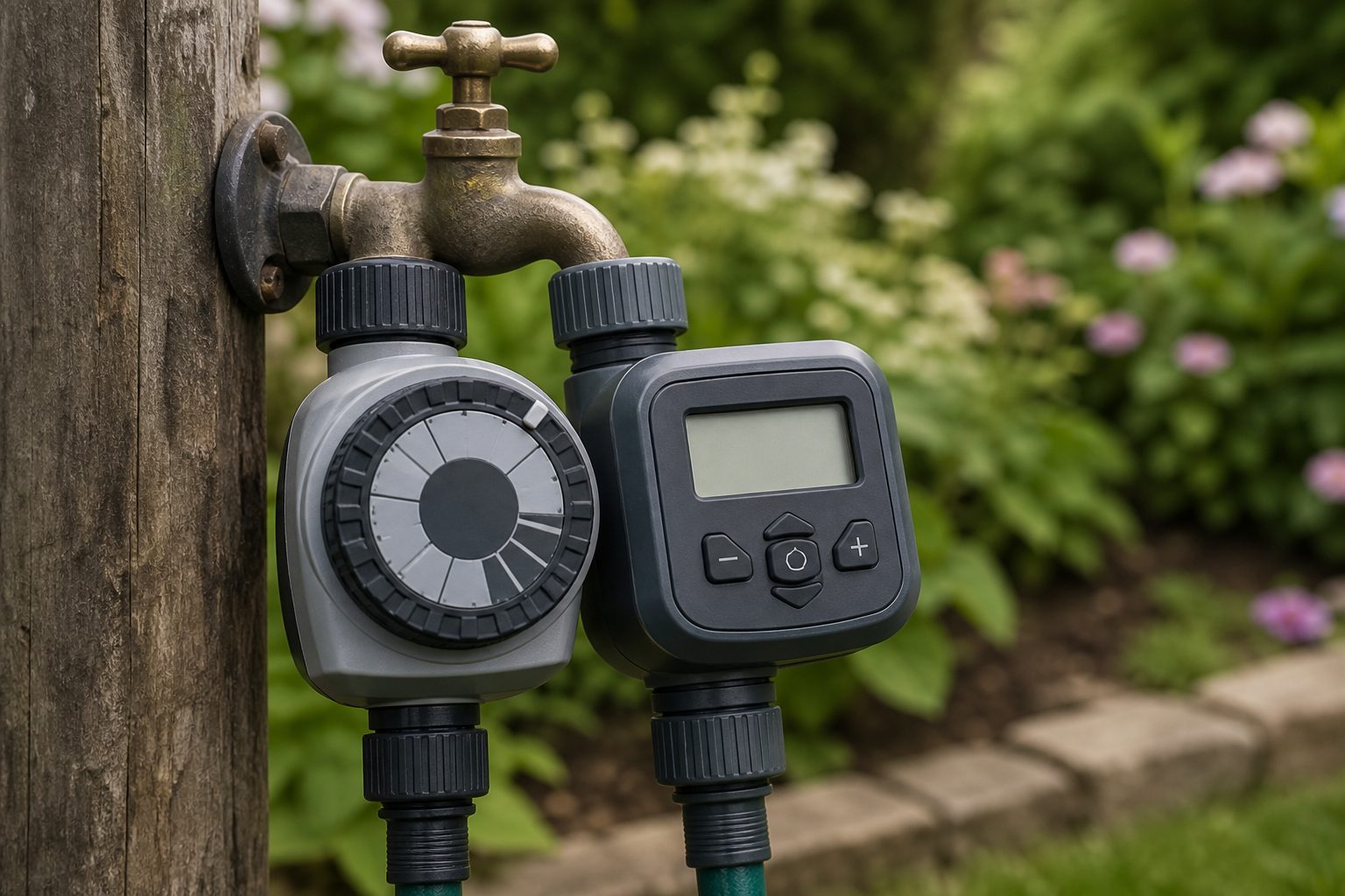 A mechanical dial timer switch and a digital timer switch on an outdoor garden tap