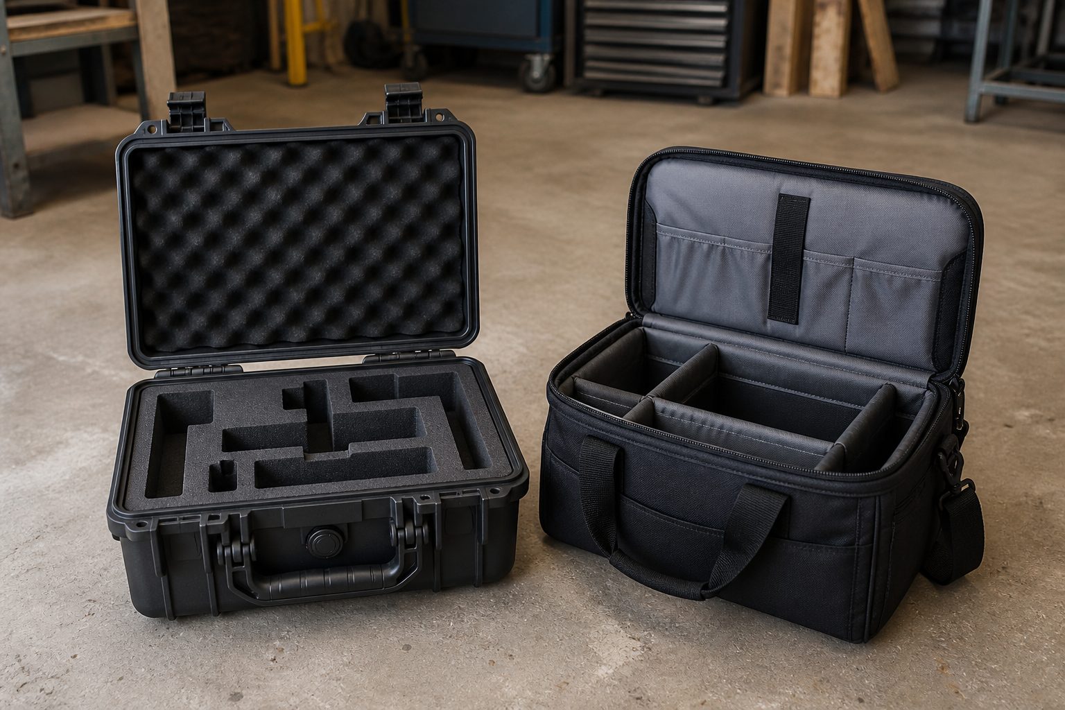 A hard-shell tool case with foam inserts next to a soft fabric tool bag