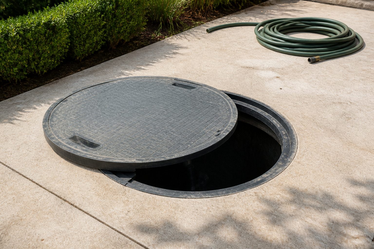 An underground cistern access hatch set into a concrete patio, partially open, with a coiled garden hose nearby