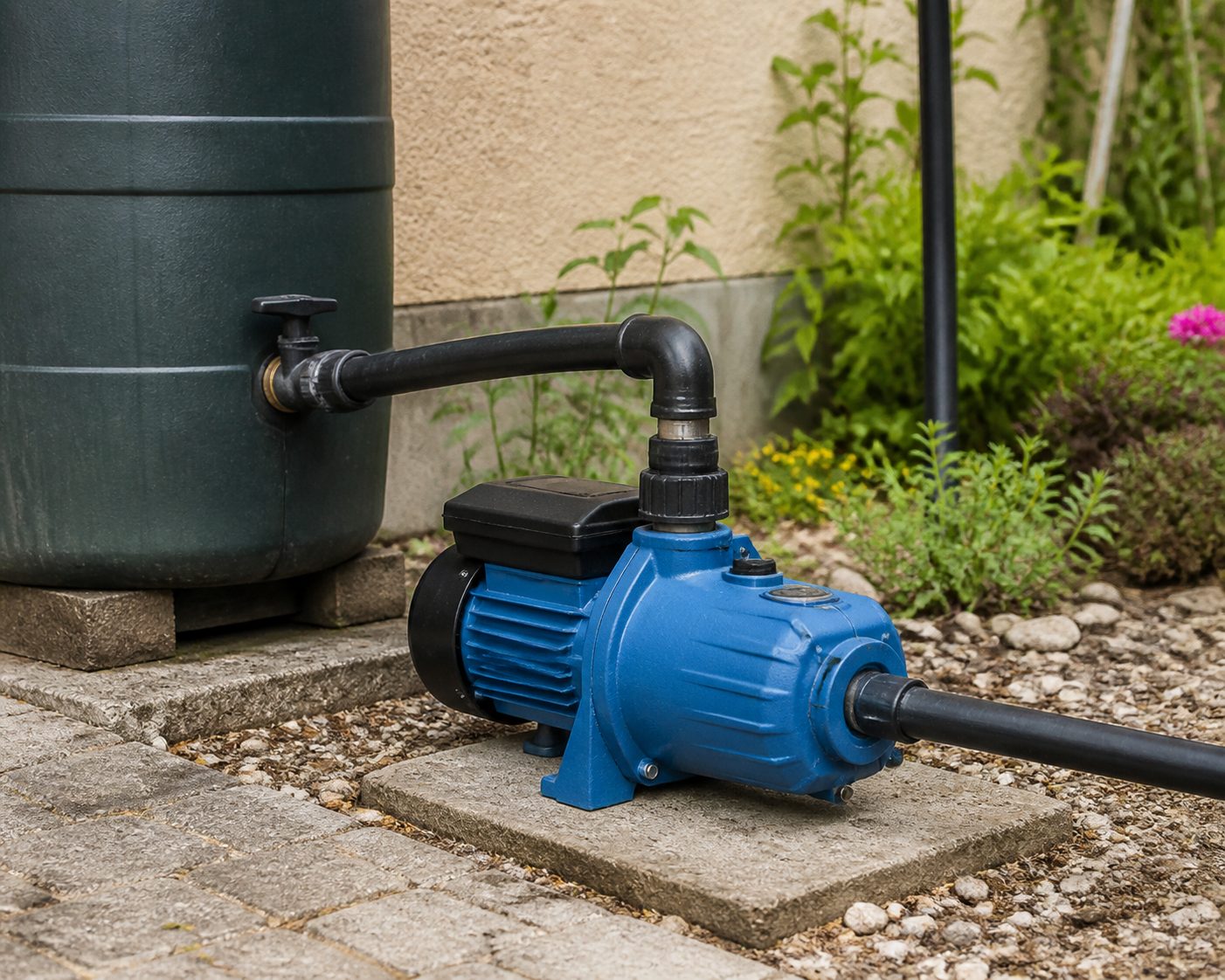An above-ground garden jet pump connected to black irrigation piping, standing next to a rain barrel