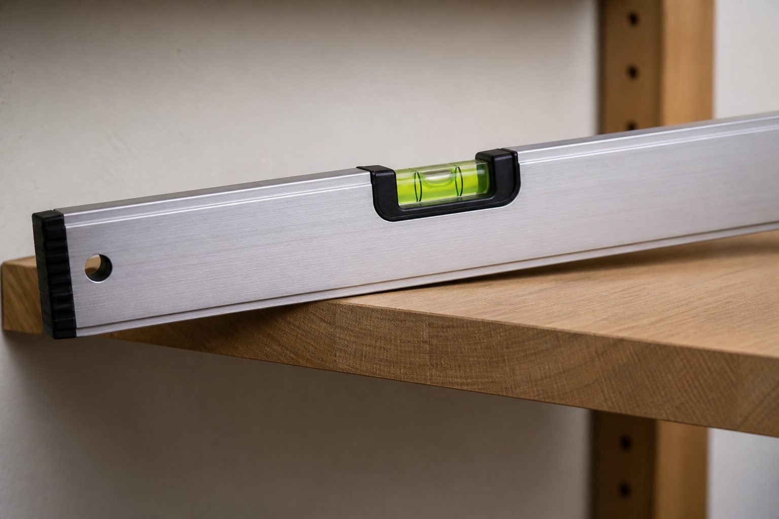 An aluminum spirit level resting diagonally across a wooden shelf edge with a centered bubble vial