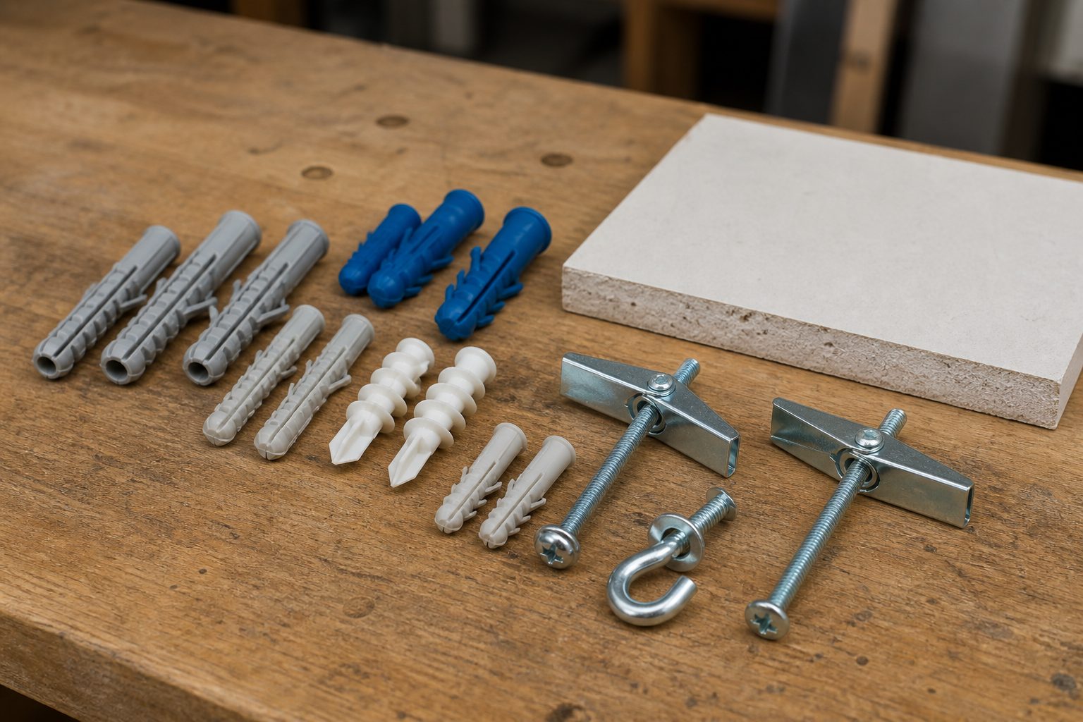 An assortment of wall plug anchors -- plastic expansion anchors, toggle bolts, and self-drilling anchors