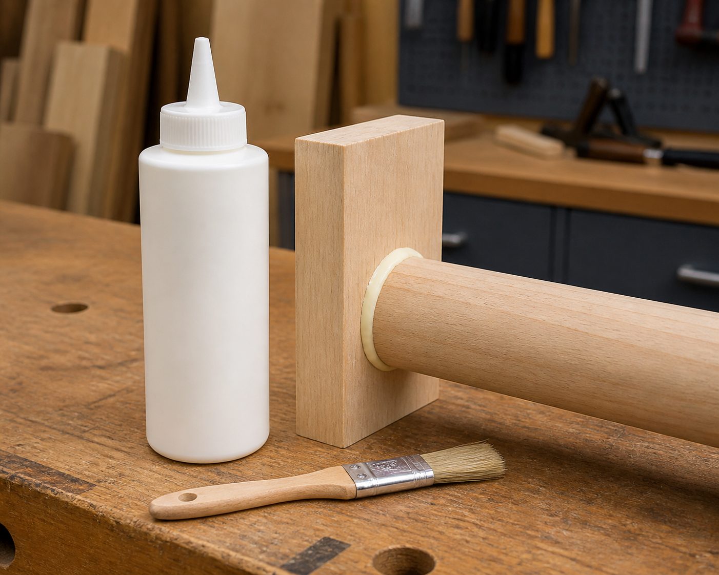A bottle of wood glue with a bead applied along a wooden dowel joint, a small brush resting beside it