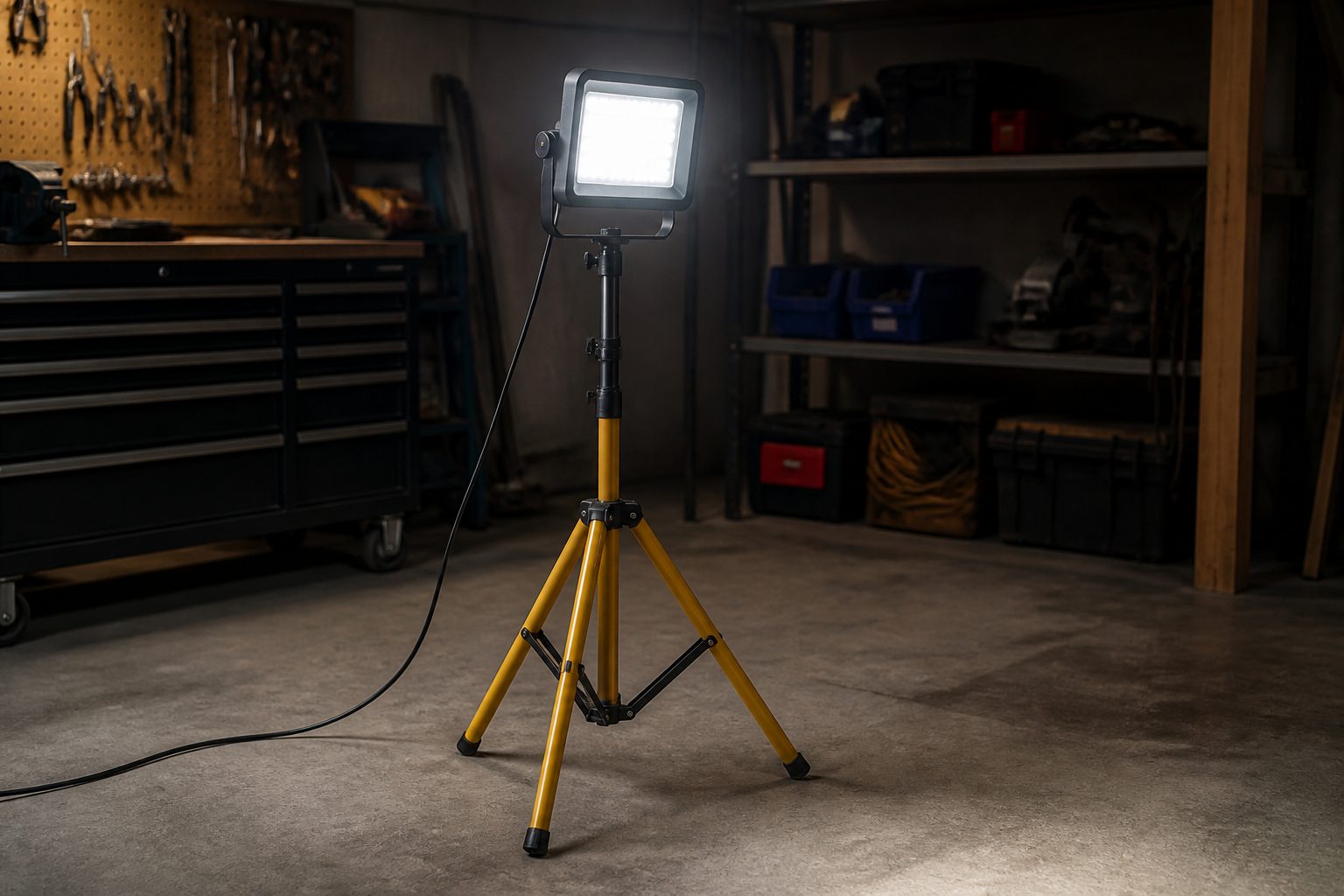 A portable LED work light on a folding tripod stand, illuminated, in a dim workshop